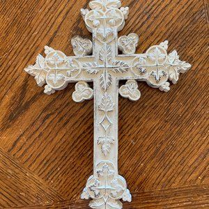 White, distressed, cross wall hanging.  Size 9-1/2 X 5-1/2.